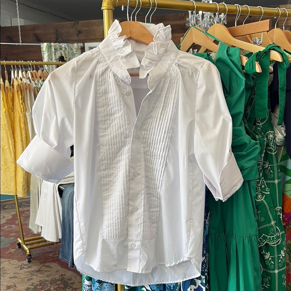 Kate McHale Jensen White Ruffled Button-Up Blouse
